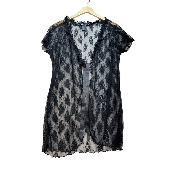Smart & Sexy Sheer Robe Lingerie Womens L Black Floral Lace Sleepwear Tie Front - Picture 1 of 12